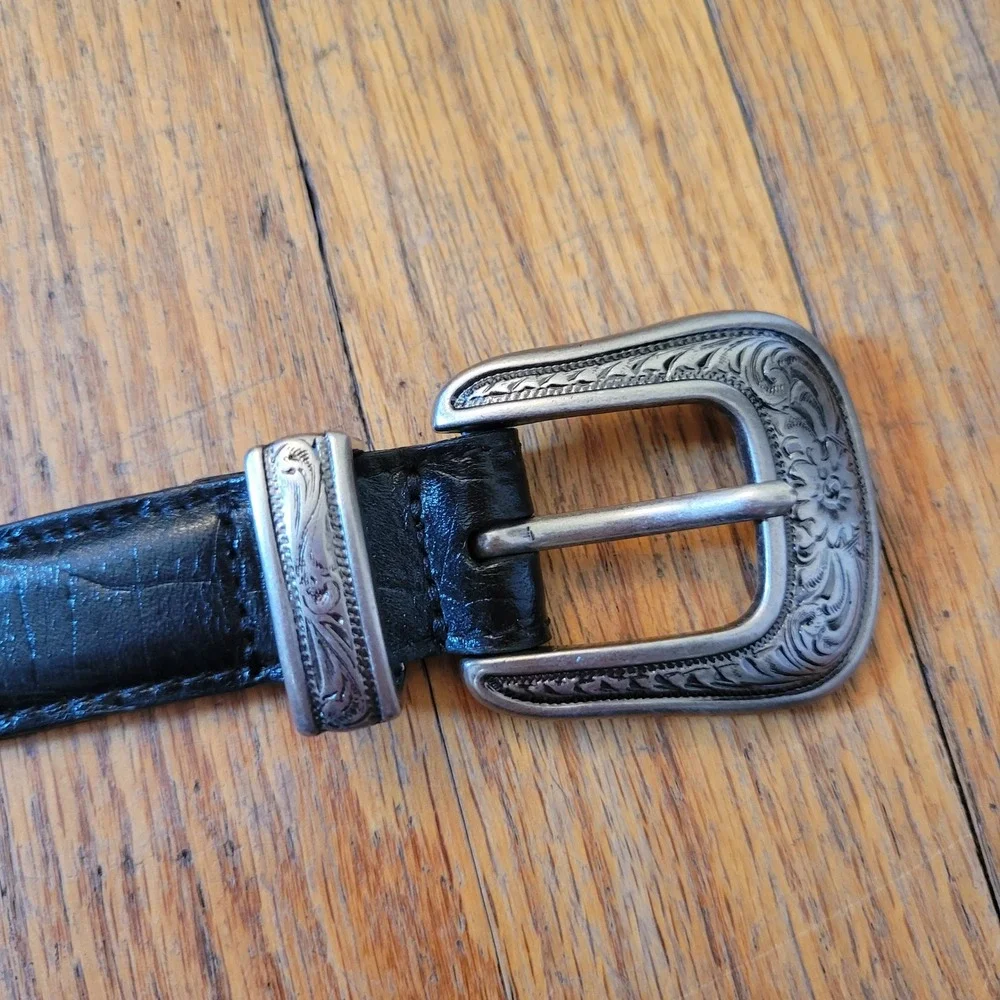 32 Leather Belt Black Western Silver Hardware Conchos Cowboy Bling Rodeo Boho